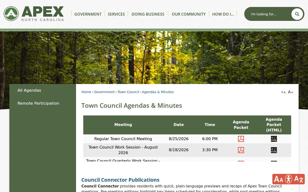 Apex previous residents Town agendas and minutes records search