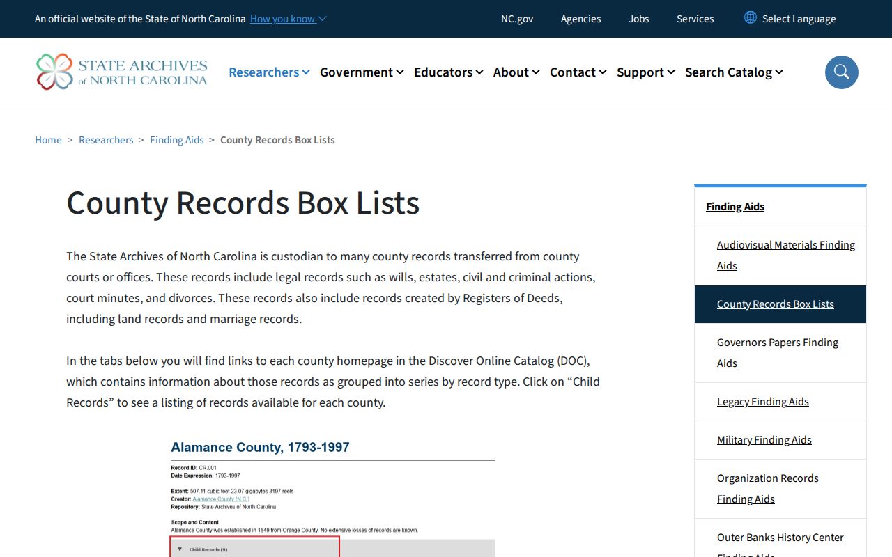 Apex previous residents North Carolina State Archives county records box lists