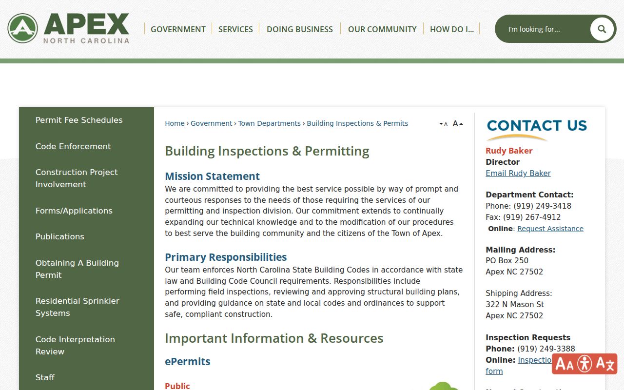 Apex street building inspections and permits page